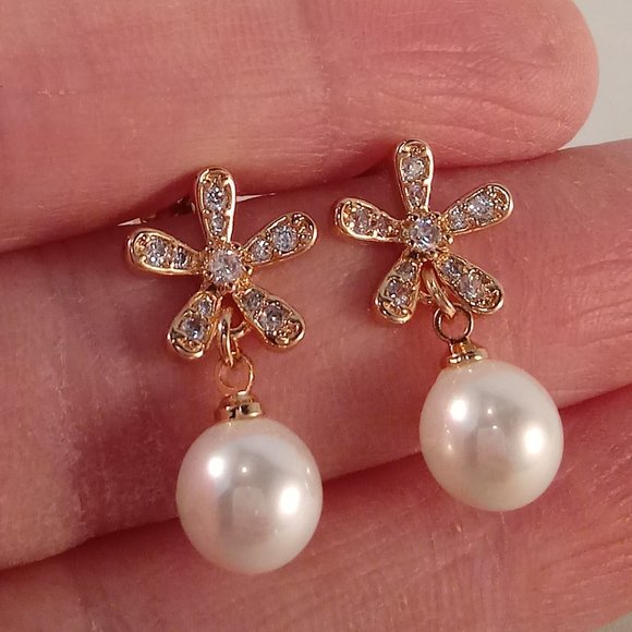18K Yellow Gold Filled Star Flower Diamond Zircon Pearl Dangle Stud Earrings - Picture 4 of 4